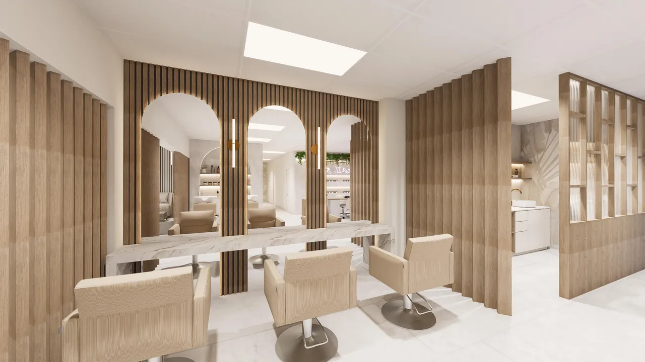Hair styling area with arched mirrors and timber cabinetry at NKW Beauty Studio