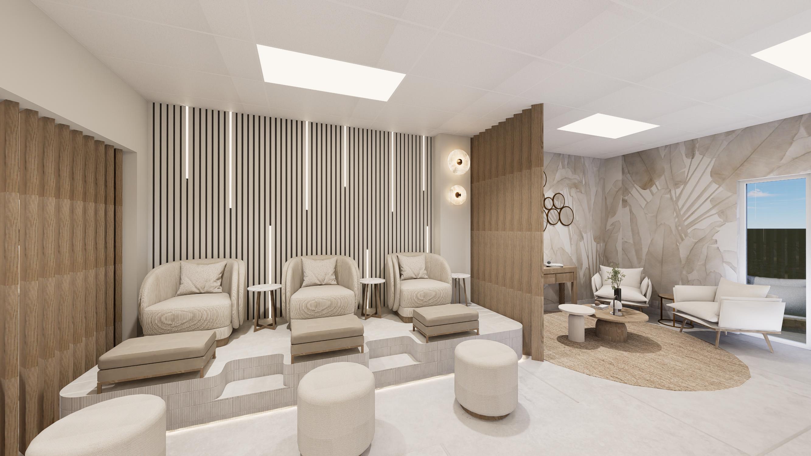 Relaxed wellness seating area in warm neutral tones