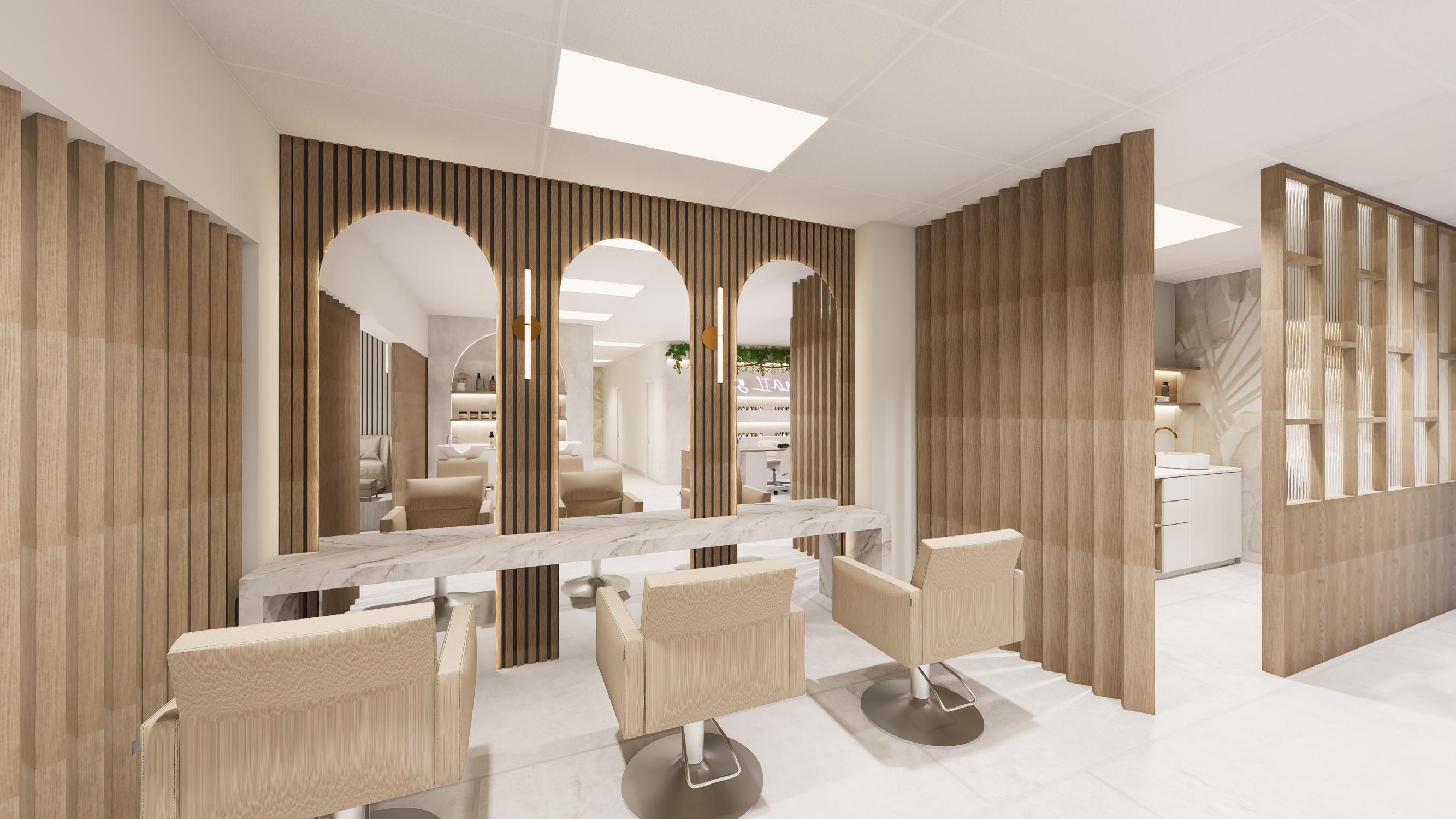 Hair styling stations with arch mirrors and warm timber finishes