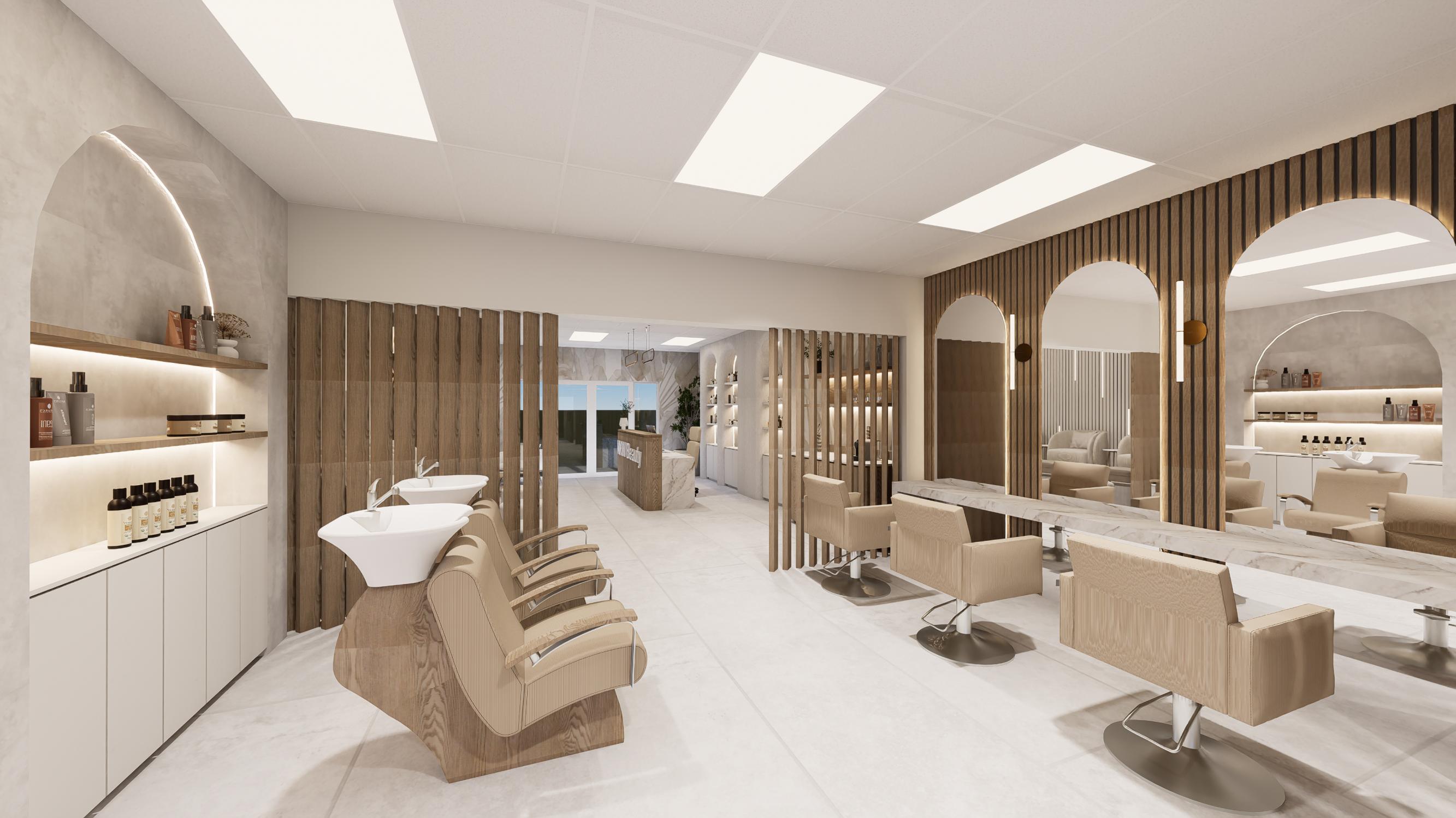 Studio interior showing arches, salon chairs, product shelves, and textured finishes