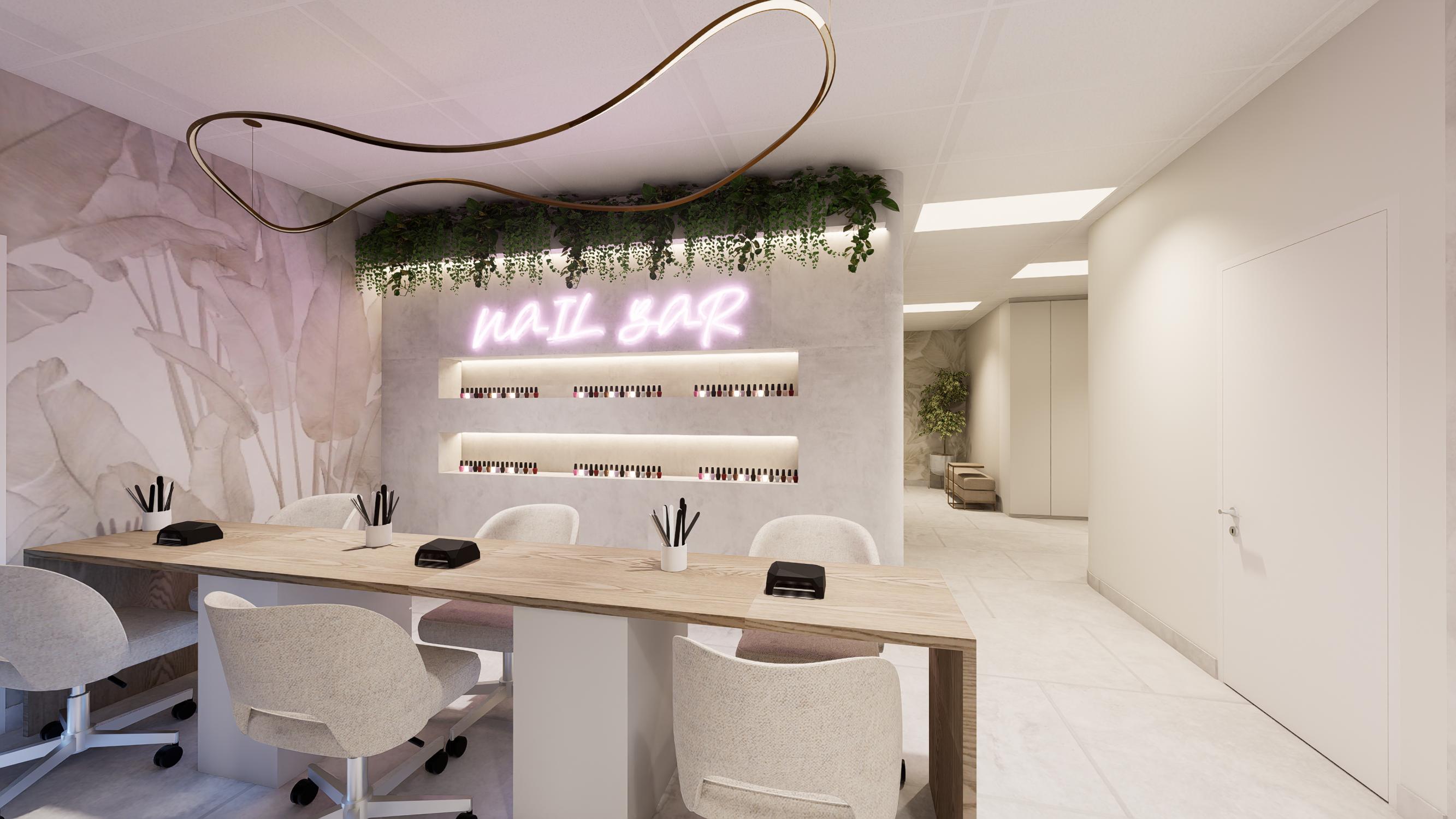 Elegant nail bar with soft lighting and greenery
