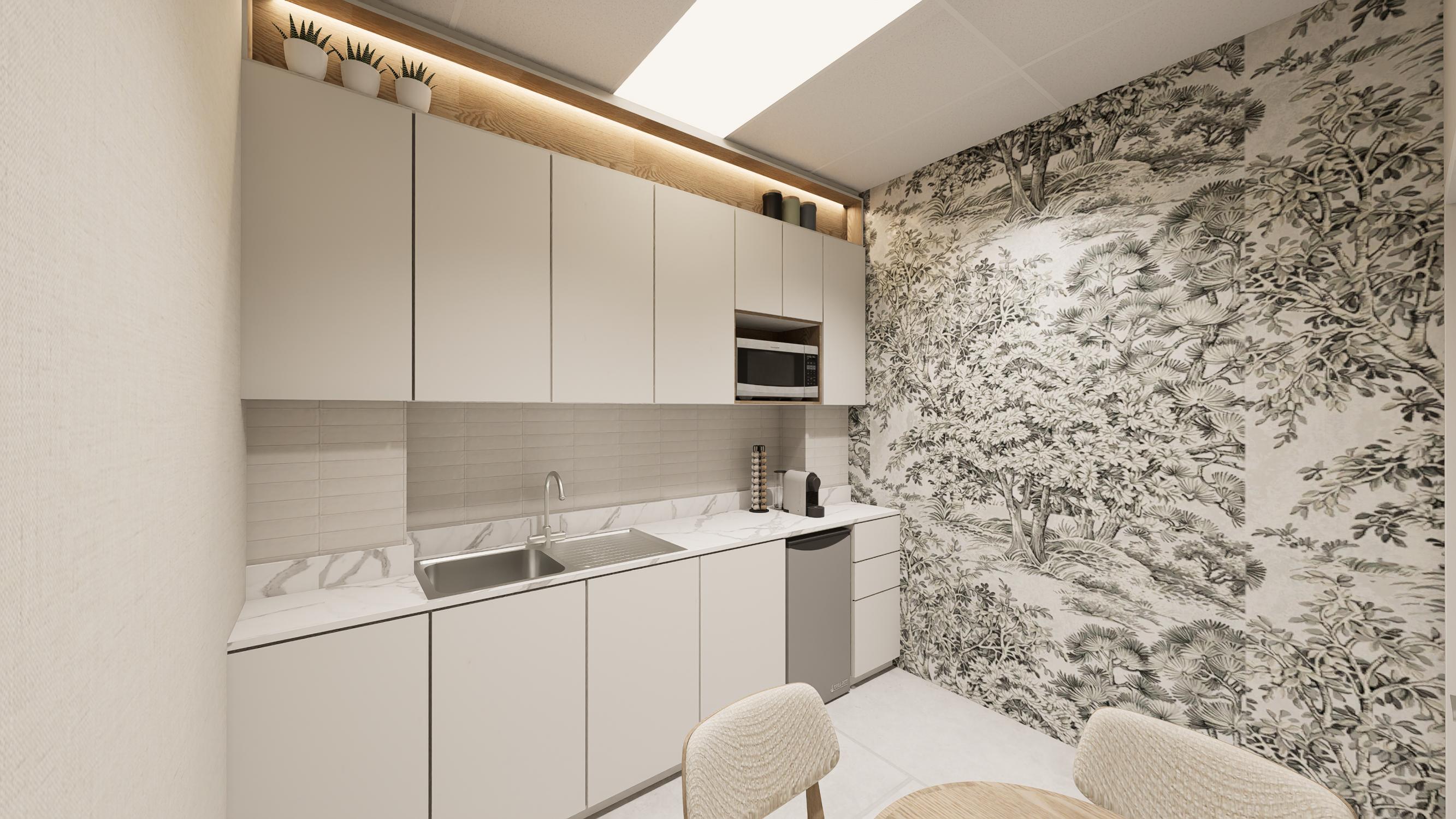 Back-of-house kitchenette and textured wall finish