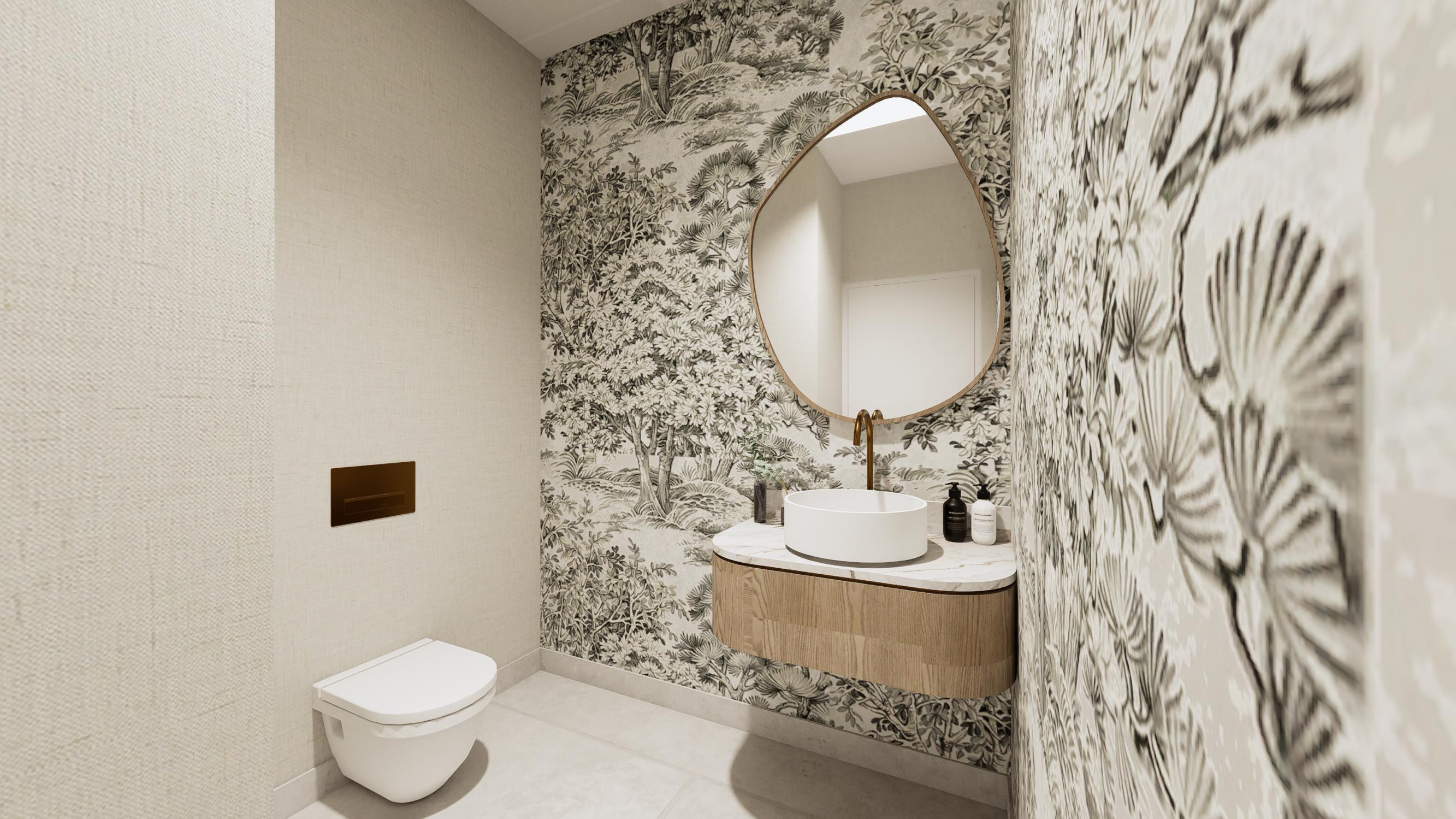 Spa washroom with botanical wall texture